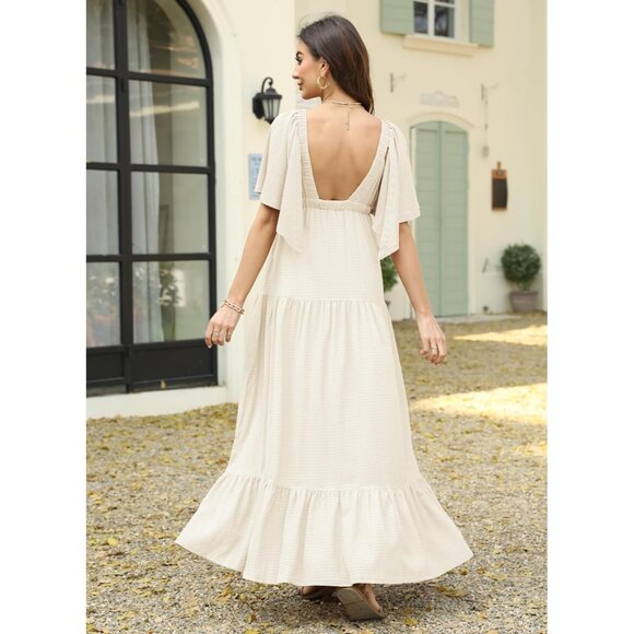 Women Summer Dress Maxi V-Neck Backless Flutter Sleeves Tiered Silhouette - Picture 4 of 9